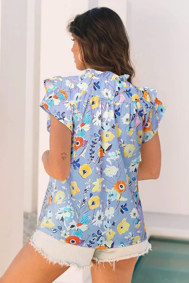 Sky Blue Flutter Sleeve V Neck Floral Top for Women - Love Salve